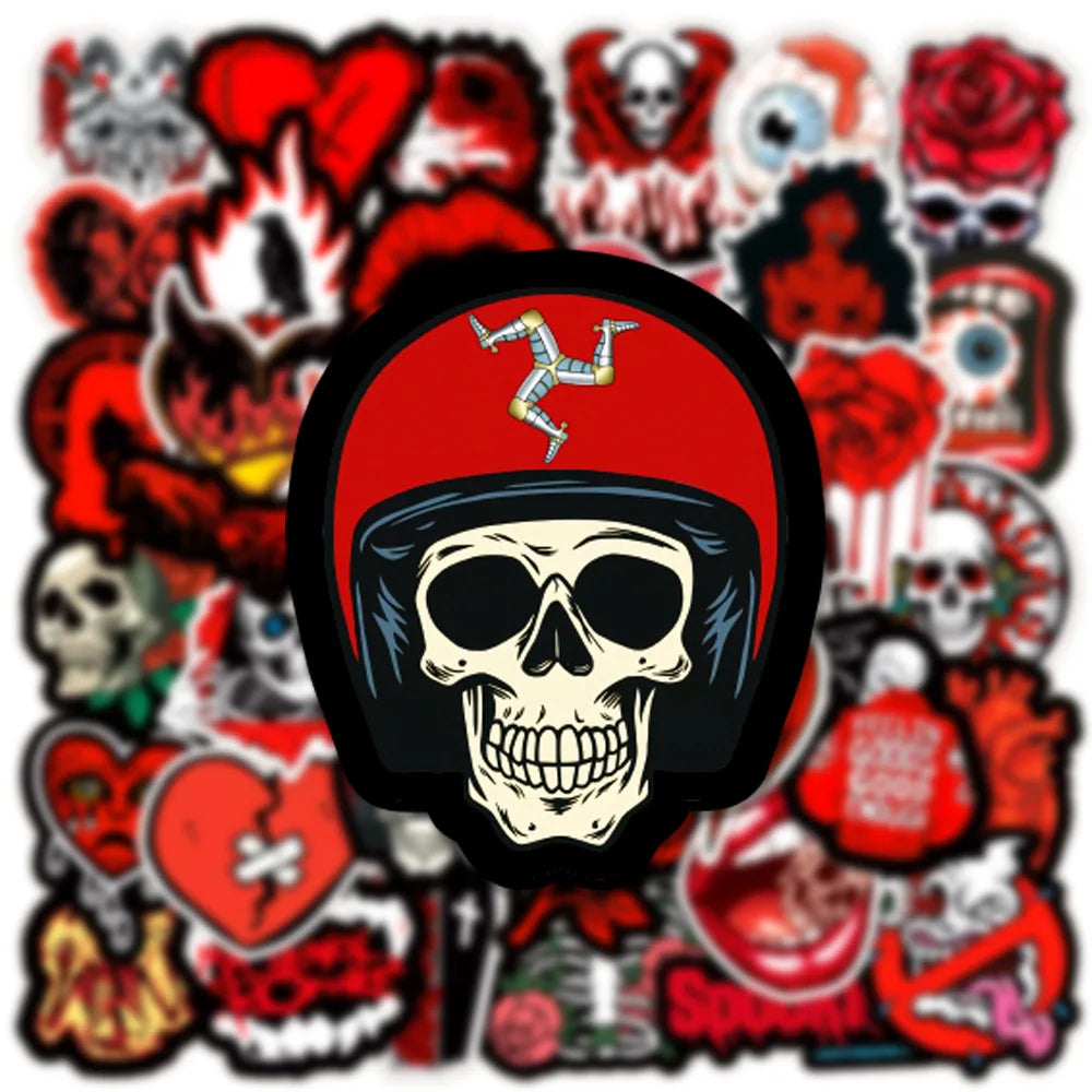 10/30/50PCS Cool Black Red  Gothic Skull Horror Stickers Graffiti Toys DIY Fridge Laptop Phone Notebook Luggage Car Sticker Gift (ONLINE ORDER ONLY)