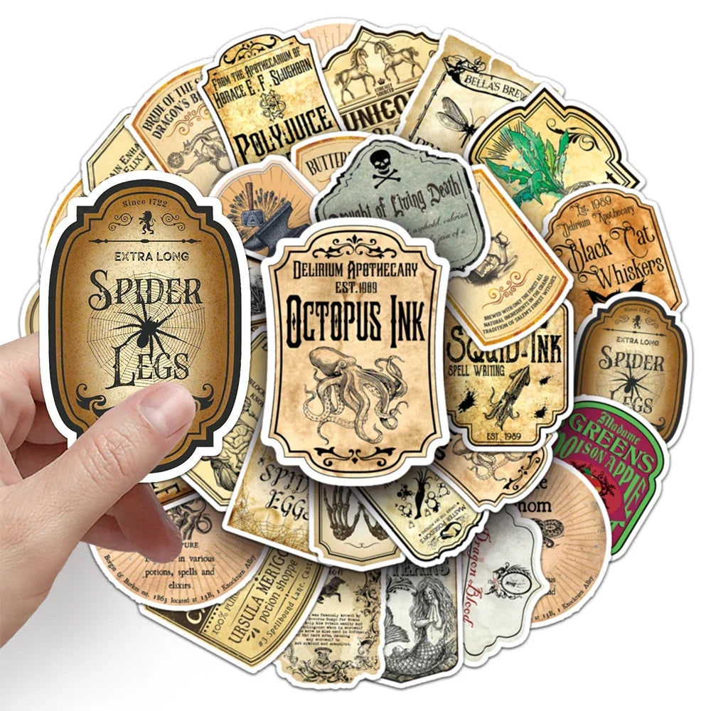 10/30/50pcs Cool Halloween Retro Horror Potion Label Stickers Decal Guitar Motorcycle Laptop Skateboard Phone Waterproof Sticker (ONLINE ORDER ONLY)