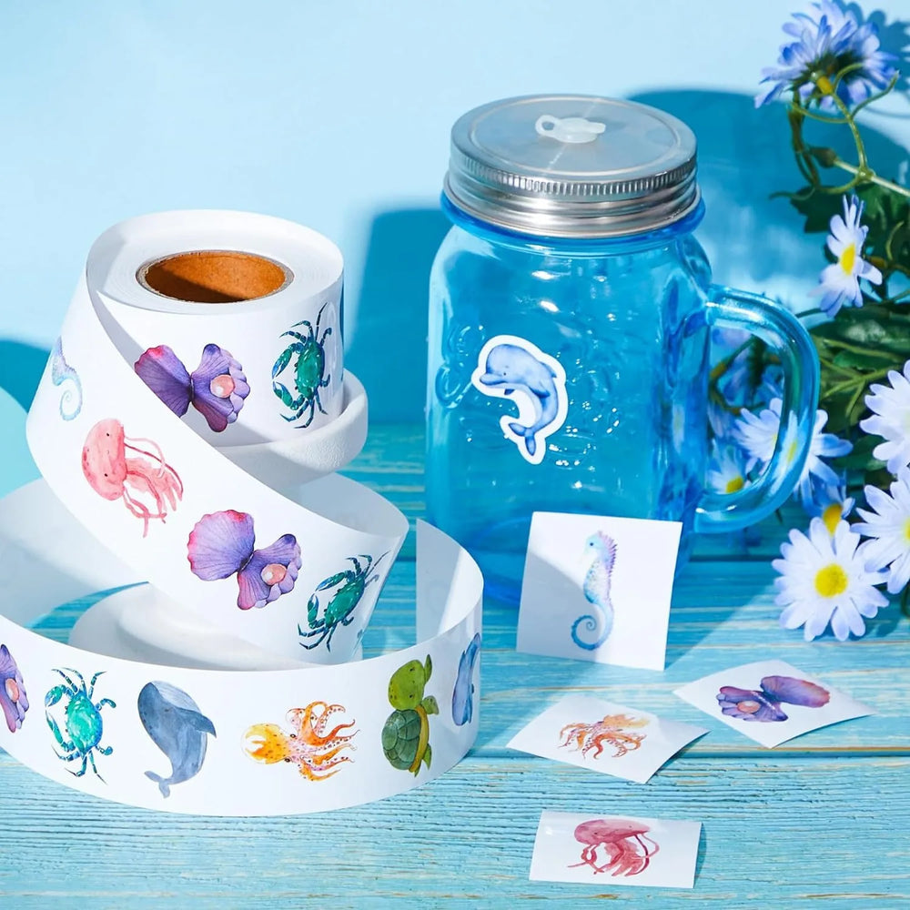 500Pcs /1 Rolls 2.5cm/1inch Aliens of mMarine Animals Sticker Decoration Gift Box Sticker Label Stationery Sticker (ONLINE ORDER ONLY)