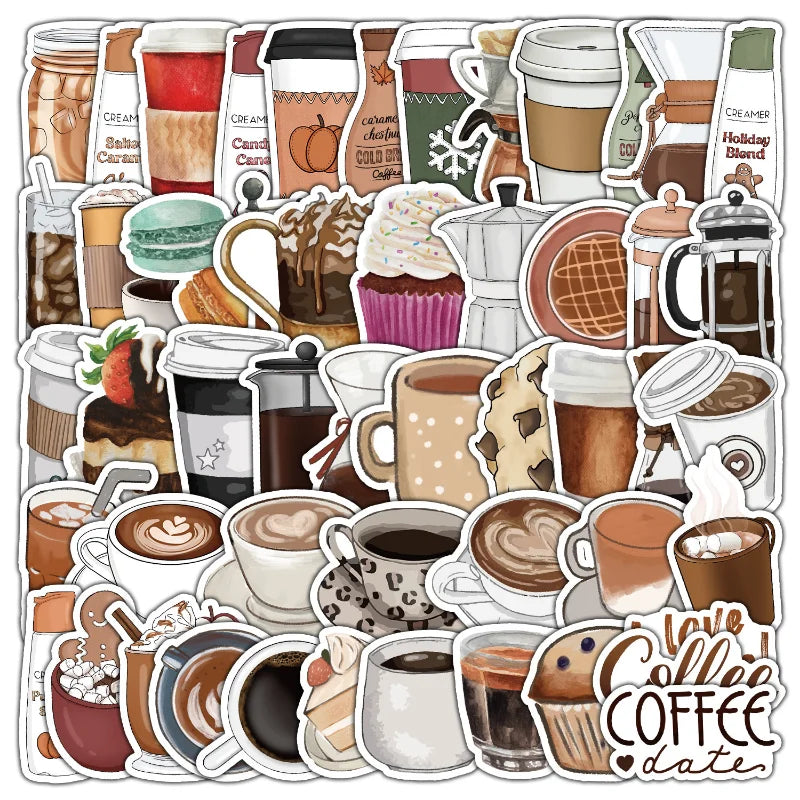 Coffee Drink Graffiti Stickers for Scrapbook, Suitcase, Water Bottle, Phone, Laptop, Guitar, Car, Skateboard - 10/25/50pcs (Online Order Only)