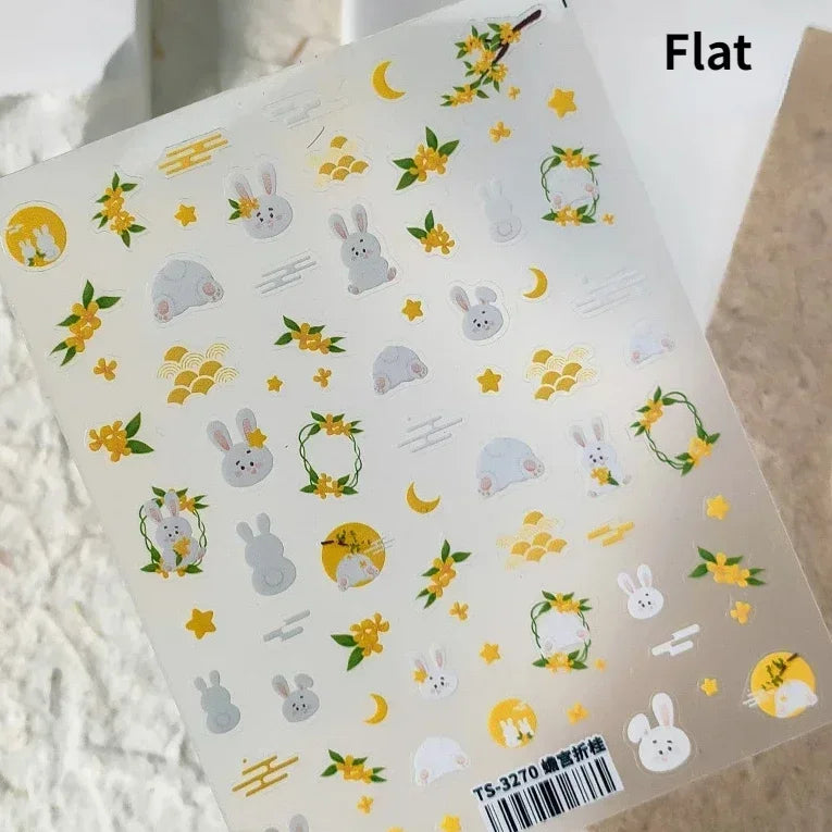 Autumn Fall Maple Leaves Ginkgo Leaf Osmanthus Chrysanthemums Rabbit Bunny Plant Flower Relief Nail Art Sticker Decoration Decal (ONLINE ORDER ONLY)