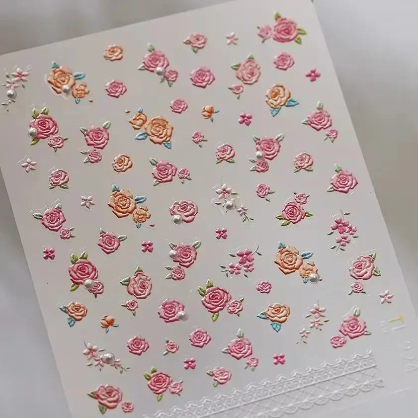 Colorful Embroidery Peony Pearl Full-blown Flower Rhinestone Chinese Luxury Relief Self Adhesive Nail Art Sticker Manicure Decal (Online Order Only)