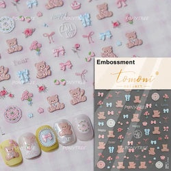 Cute Animals Bear Dog Cake Sweet Cherry Grid Bowknot Star Line Fruit Relief Self Adhesive Nail Art Stickers 3D Manicure Decals (ONLINE ORDER ONLY)