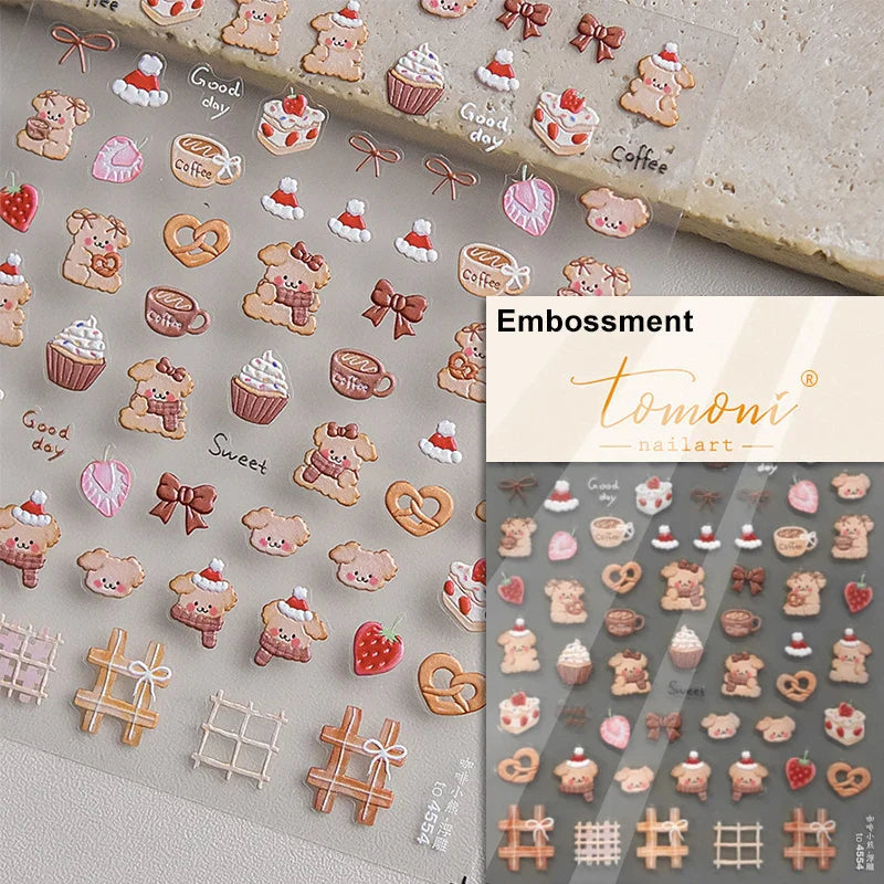 Bowknot Dog puppy Christmas Hat Strawberry Cake Food Coffee Cherry Love Heart Adhesive Nail Art Sticker Reliefs Manicure Decals (Online Order Only)