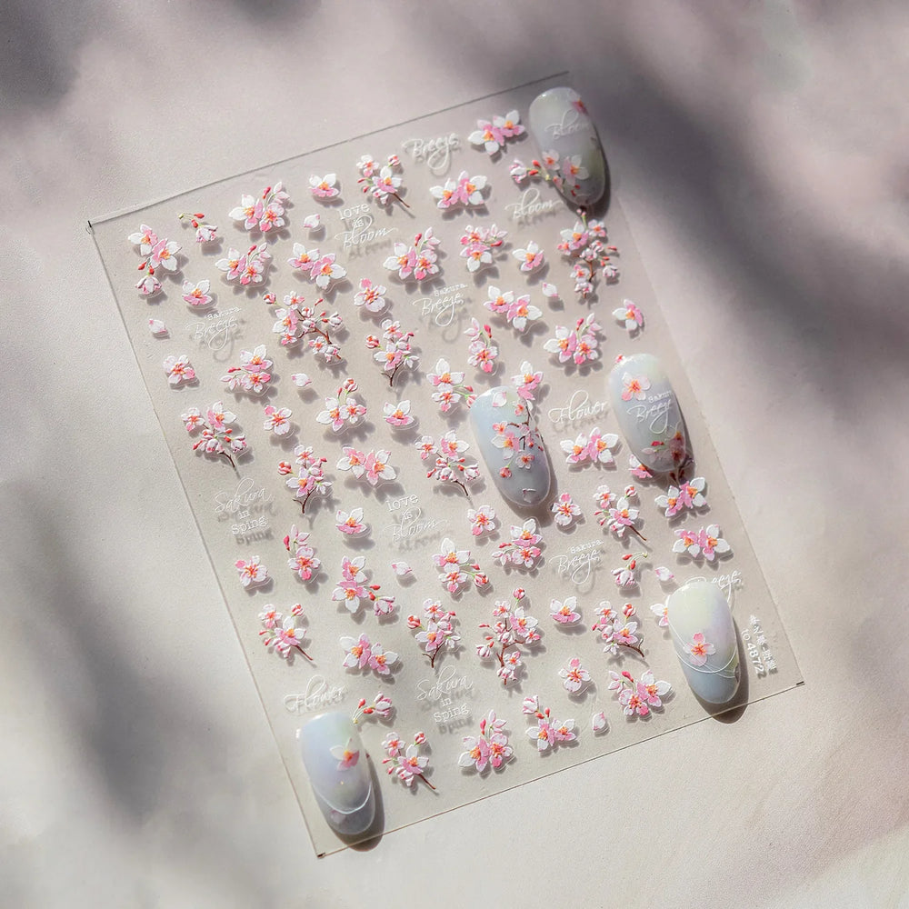 Flowers Blooming Cherry Blossom Sakura Living Peach Branch 5D Soft Relief Spring Adhesive Nail Art Sticker Chic Manicure Decals (ONLINE ORDER ONLY)