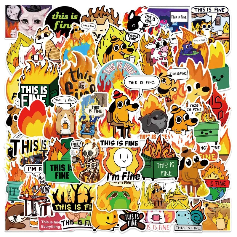 50pcs This Is Fine Cartoon Sticker Pack for Laptop, Phone, Scooter, Water Bottle, Suitcase, Stationery, Refrigerator (Online Order Only)