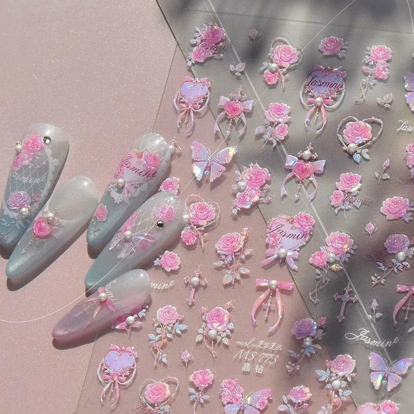 Pink Rose Flower Rambler Heart Bowknot Butterfly Shiny Soft Relief Adhesive Nail Art Stickers Romantic Spring 3D Manicure Decals (ONLINE ORDER ONLY)