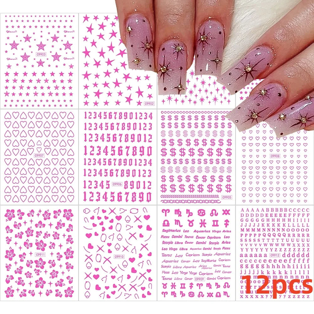 12 Sheets Valentines Nail Stickers Red Heart Nail Art Sticker Decal Solid Hollow Heart 3D Self-Adhesive Design Nail Art Supplies (ONLINE ORDER ONLY)