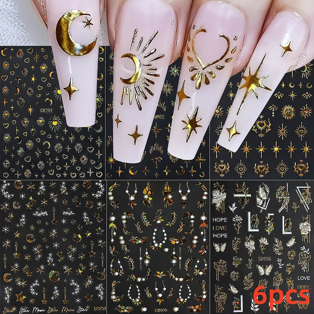 6pcs Mirror Silver Star 3D Nail Sticker Holographic Heart/Moon/Cross Design Self-Adhesive Decal Manicure Art Supplies Decoration (ONLINE ORDER ONLY)