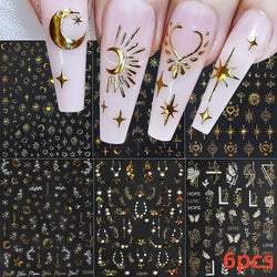 6 Sheets Moon/Star Nail Art Sticker Adhesive Gold Color Sticker Sheets Universal Constellation Shapes Sticker Art Decoration (ONLINE ORDER ONLY)