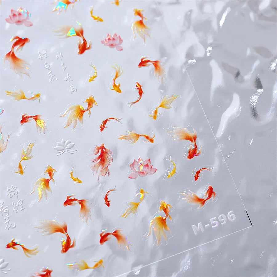 Pink Lotus Flower Red Gold Koi Carp Fish Tail Fancy Carp Self Adhesive Nail Art Decorations Stickers Manicure Decals Wholesale (ONLINE ORDER ONLY)
