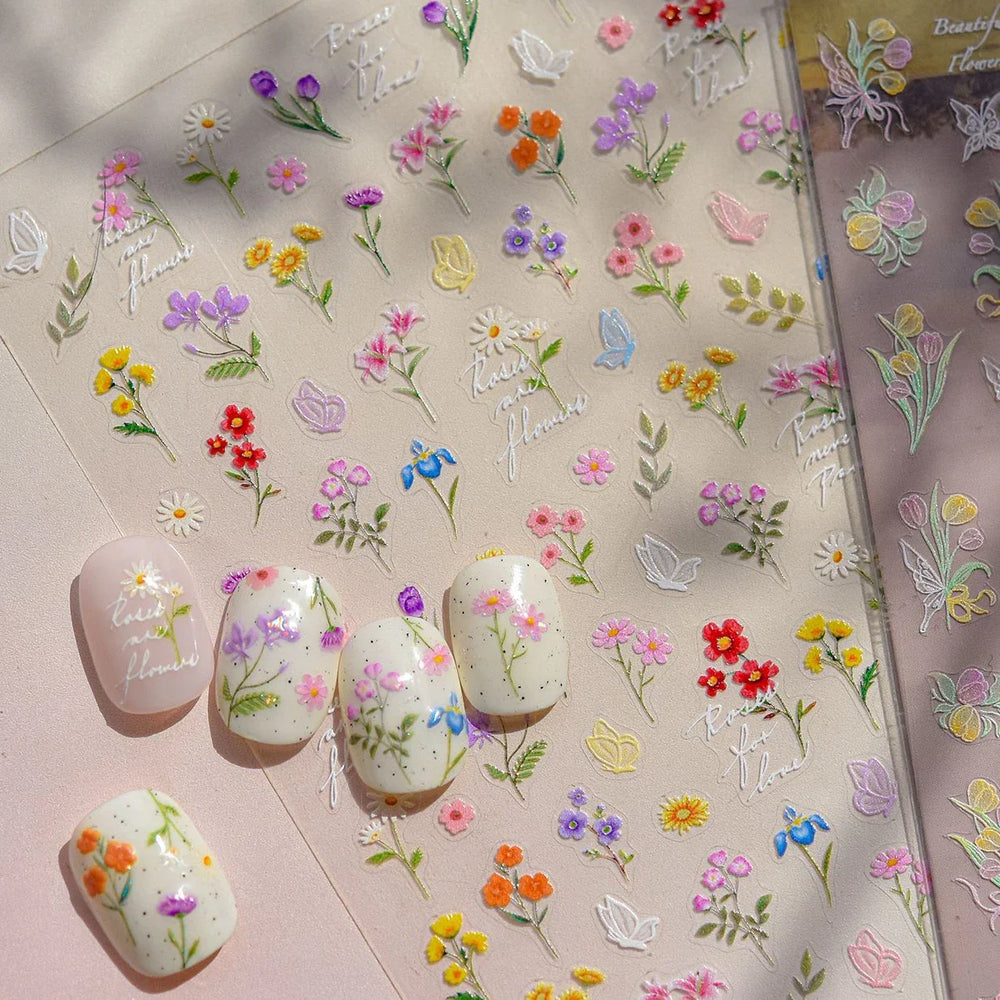 Colourful Butterfly Rose Flower Tulip Daisy Moth Orchid Narcissus 3D Self Adhesive Nail Art Decorations Stickers Manicure Decals (ONLINE ORDER ONLY)