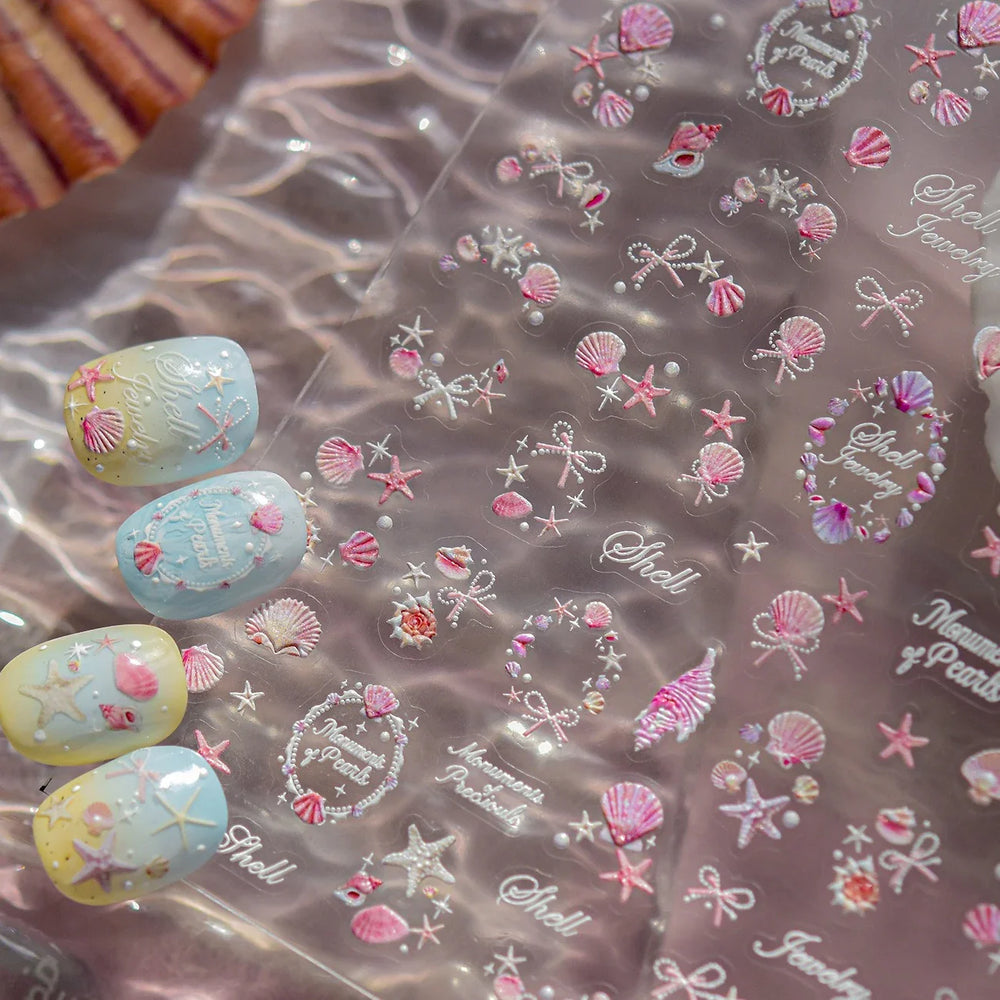 Pink Star Oceanic Shell Starfish Conch Bowknot Embossment Shiny Delicate 5D Chic Self Adhesive Nail Art Stickers Manicure Decals (Online Order Only)