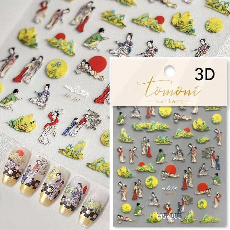 Red Plum Blossom Flower Chinese 3D Self Adhesive Nail Art Decoration Stickers Cheongsam Iris Lily Lotus Vase 5D Manicure Decals (ONLINE ORDER ONLY)