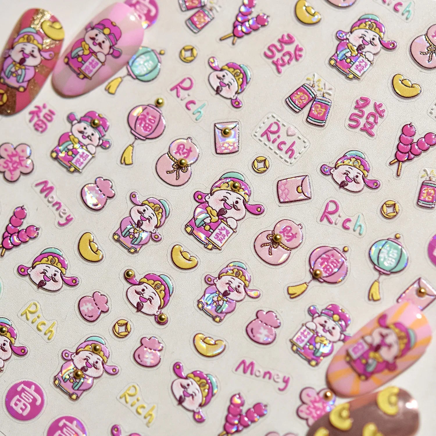rich letter Chinese characters gourd money lantern firecracker God of wealth Yuanbao Adhesive Nail Art Stickers Manicure Decals (ONLINE ORDER ONLY)