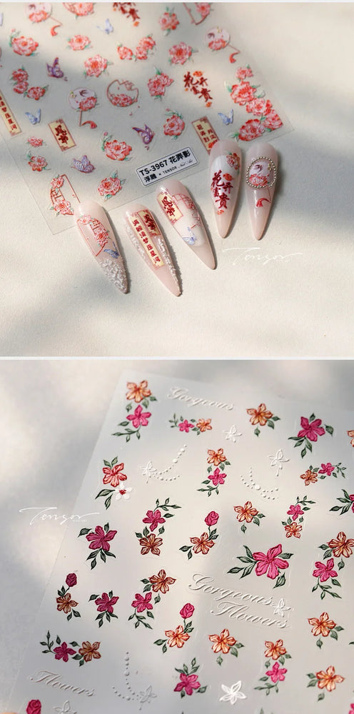 Peony Paeonia Lactiflora Rich Glory Flower Butterfly Ancient Fan Tassels Caved Window Adhesive Nail Art Sticker Manicure Decals (ONLINE ORDER ONLY)