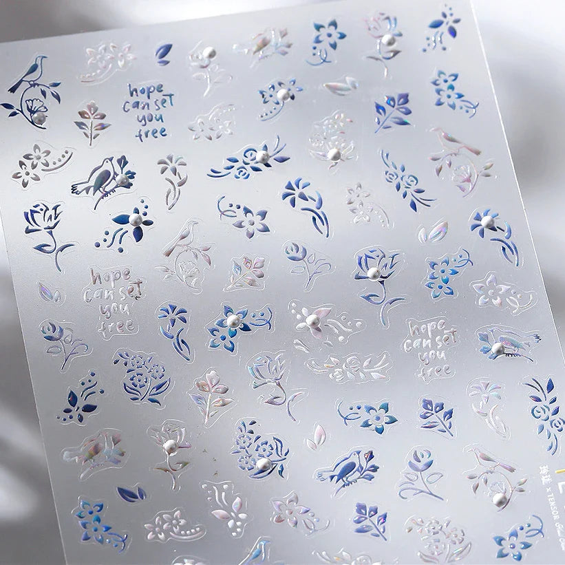 Blue Flower Vivid Bird Hope Can Set You Free Magpie Leaf Pearl Letter Adhesive Nail Art Sticker Aesthetic Beauty Manicure Decal (ONLINE ORDER ONLY)