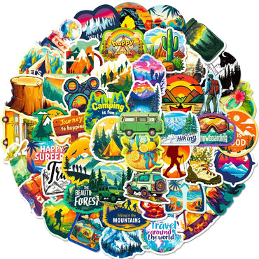 10/50pcs Cartoon Outdoor Forest Camping Hiking Stickers Funny Decals Laptop Phone Motorcycle Car Waterproof Sticker Classic Toy (Online Order Only)