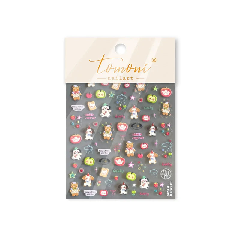 Cute Bear Star Dog Bowknot Love Heart Good Night Bone Bread Flower Self Adhesive Nail Art Decorations Stickers Manicure Decals (Online Order Only)