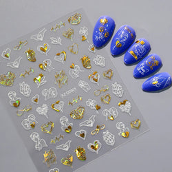 1PC Holographic Laser Heart Nail Stickers-3D Self-Adhesive Golden White Valentines Day Nail Decals For Women Nail Art Decoration (ONLINE ORDER ONLY)