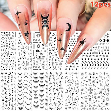 12PCS French Tassel Crescent Moon Arc Self Adhesive Nail Art Sticker 3D French Kiss Crescent Nail Stickers Lines Manicure Decals (ONLINE ORDER ONLY)