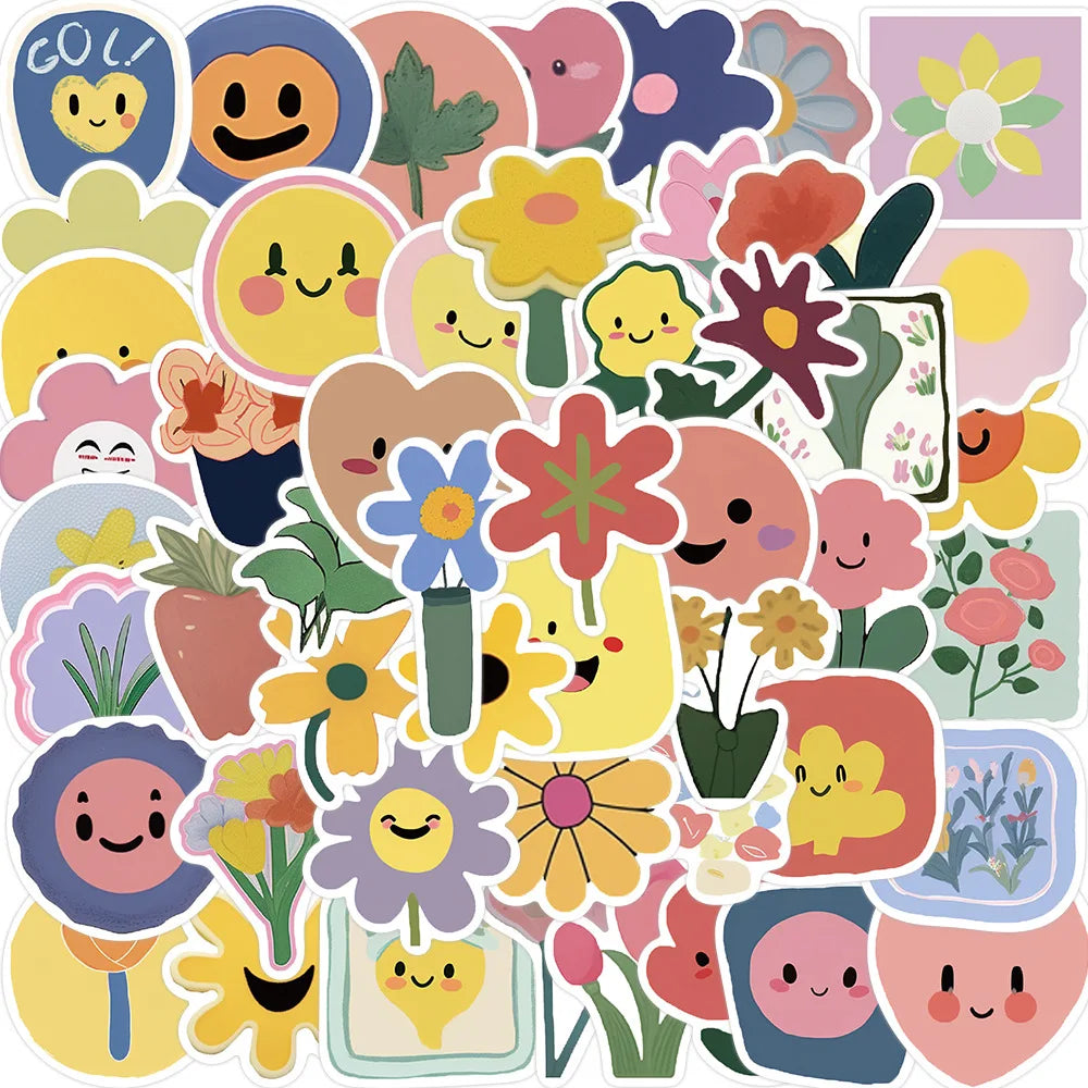 50pcs Cartoon Flower Smiley Face Stickers for Helmet, Wall, DIY Decoration (Online Order Only)