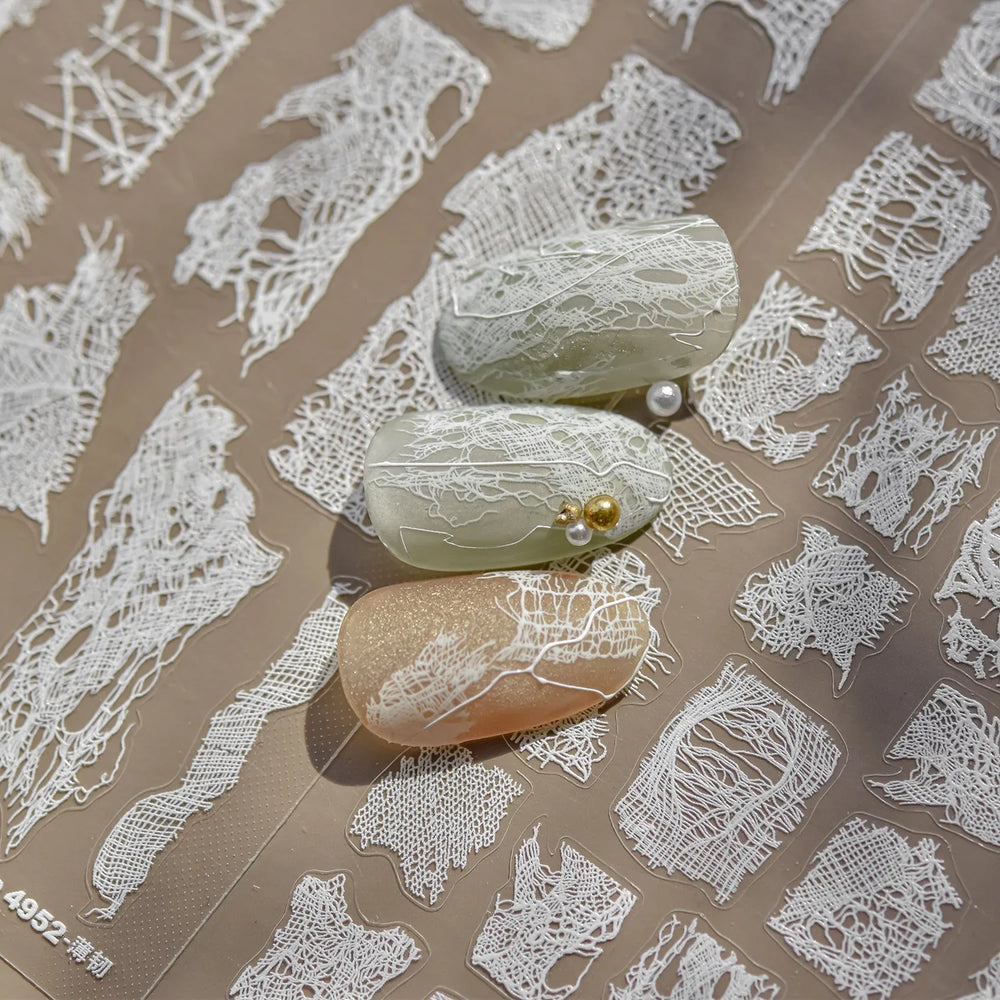 Retro White Lace Bandage Line Bowknot Irregular Fabric Cording Square Calligraphy Adhesive Nail Art Sticker 3D Manicure Decals (ONLINE ORDER ONLY)