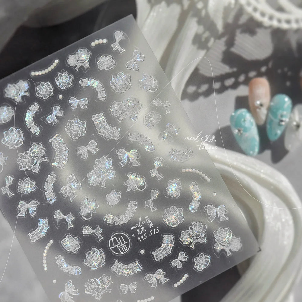 Cute 3D White Rose Flower Lace Bud Silk Bowknot Butterfly Dreamy Shiny Relief Chic Self Adhesive Nail Art Sticker Manicure Decal (ONLINE ORDER ONLY)