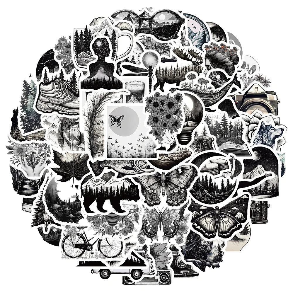 Black White Cartoon Stickers for Skateboard, Guitar, Suitcase, Freezer - 10/30/60PCS (Online Order Only)