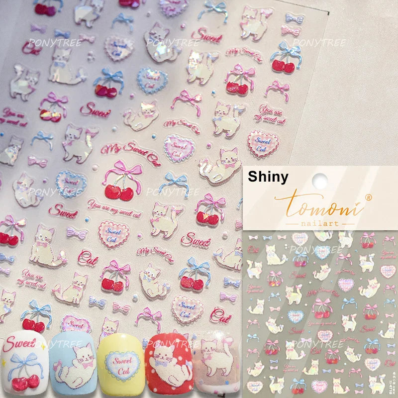 Cream Wind Cat Rabbit Kitten Bunny Bowknot Flower Butterfly Cake Cherry Tulip 5D Self Adhesive Nail Art Stickers Manicure Decals (Online Order Only)