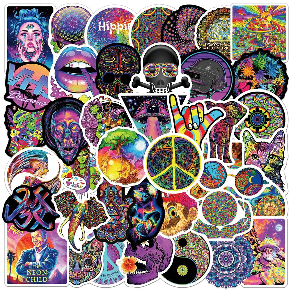 50pcs Hippy Psychedelic Graffiti Stickers Pack Phone Case Ipad Motorcycle DIY Sticker Scrapbooking Supplies Journal Accessories (Online Order Only)