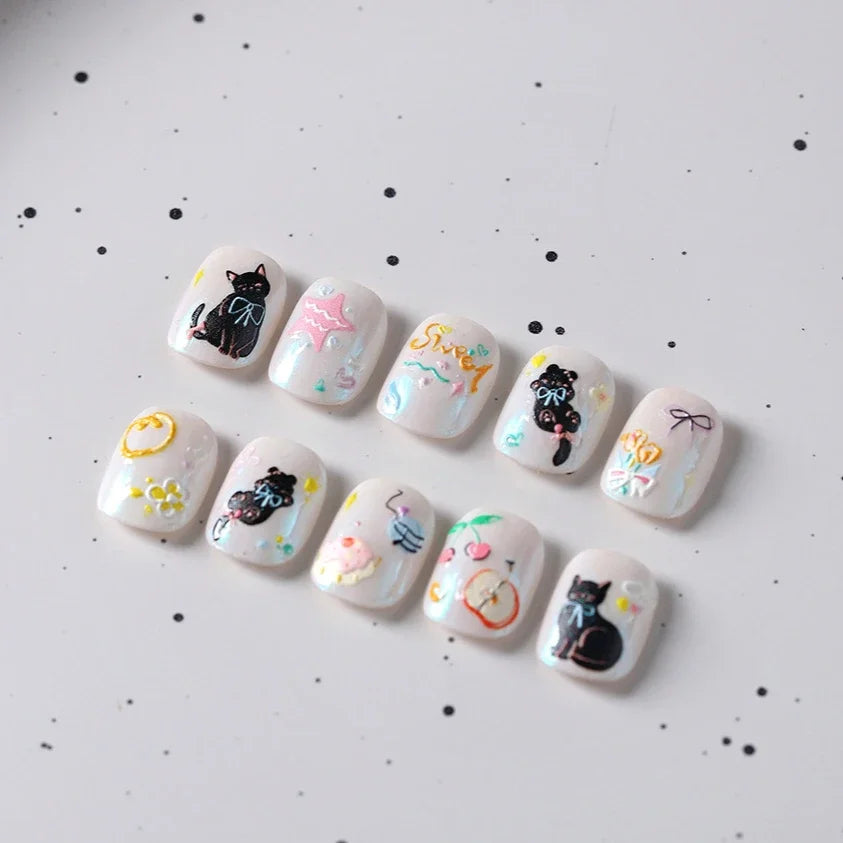 Cat Kitten Mewing Flower Star Bowknot Sweet Cherry Cake Food Line Sun Apple Heart Self Adhesive Nail Art Stickers Manicure Decal (Online Order Only)