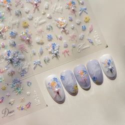 Cute Spring Flowers Purple Blue White Bowknot Rose Garden Daisy 5D Soft Embossed Relief Adhesive Nail Art Sticker Manicure Decal (ONLINE ORDER ONLY)