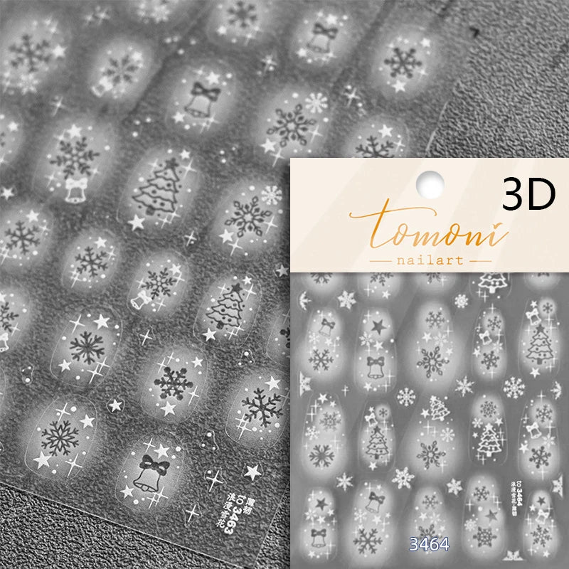 Hot Stamping Romantic White Gold Snowflakes Hexagon Winter 3D Self Adhesive Nail Art Stickers Shiny Rhinestone Manicure Decals (Online Order Only)