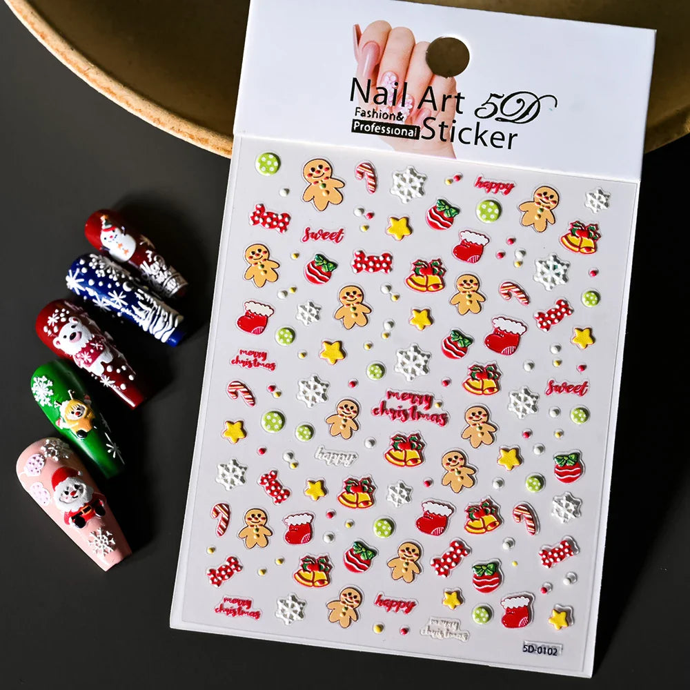 Cute Deer Christmas Nail Stickers 5D Embossed Elk Star Gingerbread Man Snowflake Santa Claus Holly DIY Winter Engraved Manicure* (ONLINE ORDER ONLY)