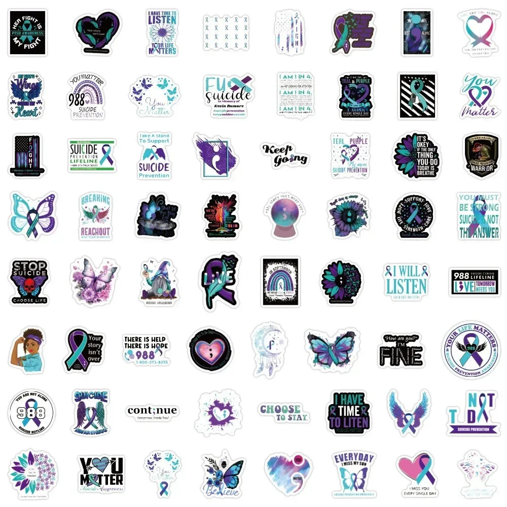 50/100Pcs Suicide Awareness Stickers Teal Purple Ribbon Suicide Prevention Waterproof Decals for Water Bottle Laptop Phone (ONLINE ORDER ONLY)