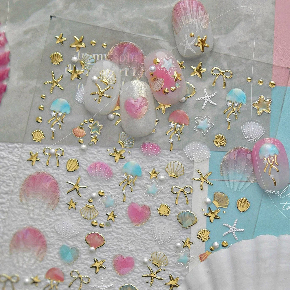 Dizzying Shell Coral Dolphin Starfish Heart Jellyfish Water Bubbles Ocean Adhesive Nail Art Decorations Stickers Manicure Decals (ONLINE ORDER ONLY)