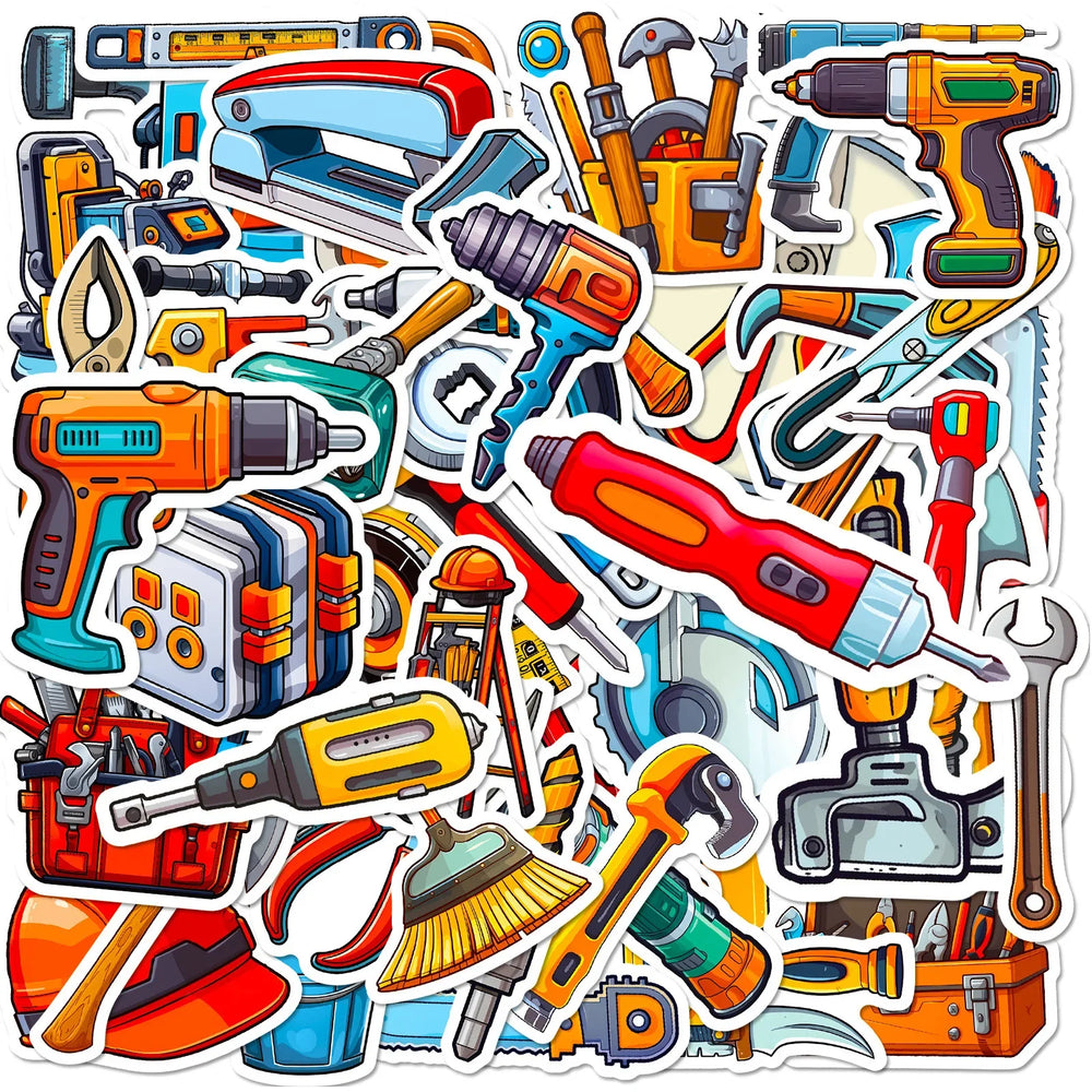 50pcs Cartoon Construction Tool Stickers for Helmet, Desktop, Wall Decoration (ONLINE ORDER ONLY)