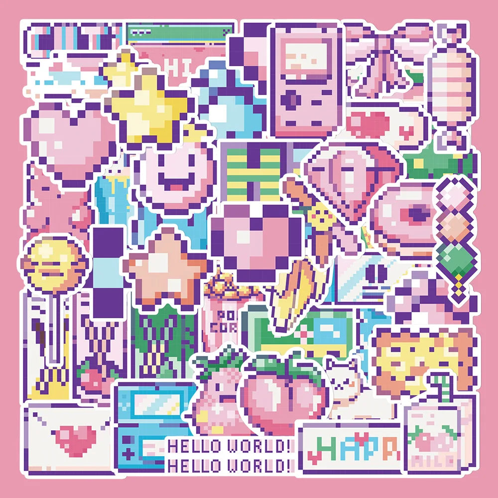 45pcs Mosaic Pixel Cartoon Graffiti Stickers for Helmet, Desktop, Wall Decoration (Online Order Only)