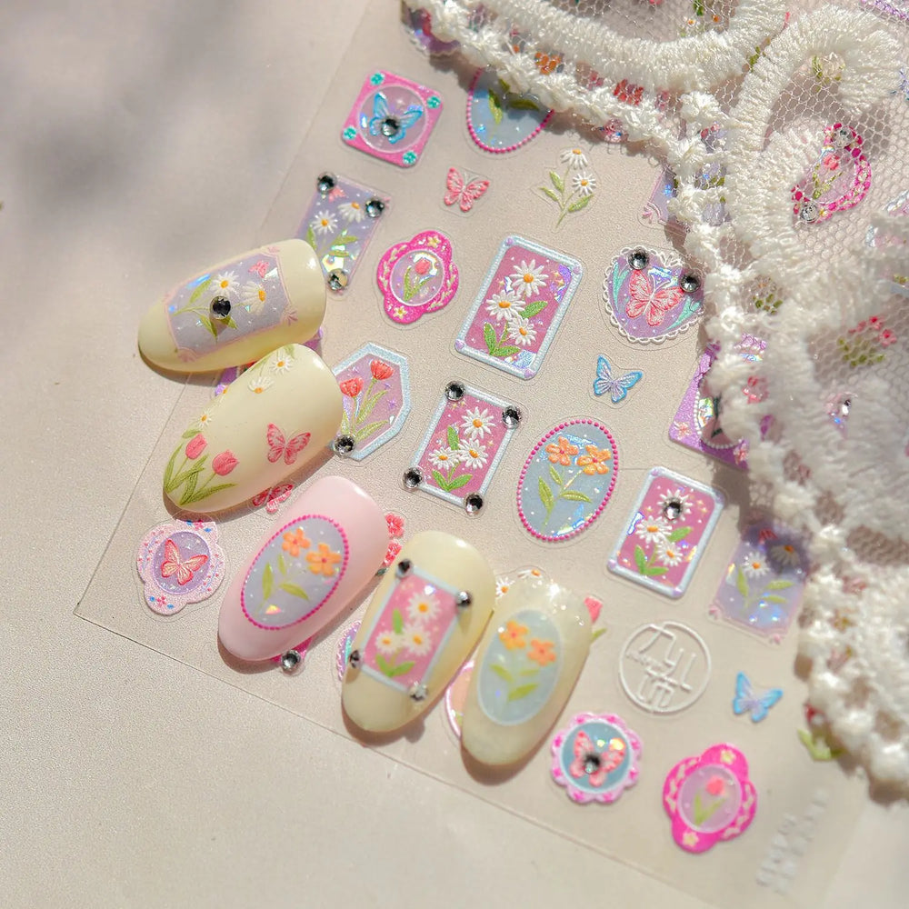 Retro Tulip Flowers Daisy Photo Frame Geometric Border Bowknot Butterfly Soft Relief Adhesive Nail Art Stickers Manicure Decals (ONLINE ORDER ONLY)
