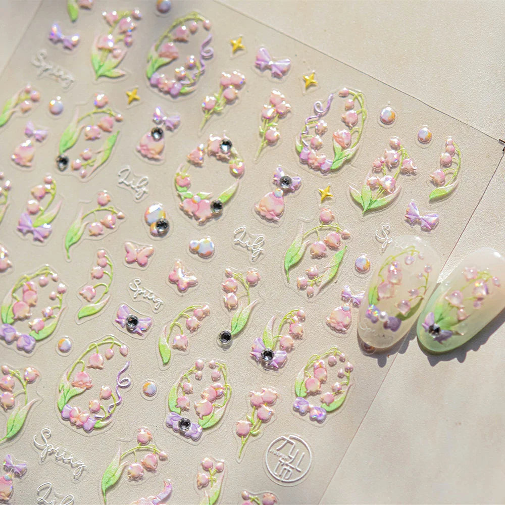 Lily of The Valley Star Spring Flower Bowknot Butterfly Water Bubbles Self Adhesive Nail Art Stickers Rhinestone Manicure Decals (ONLINE ORDER ONLY)