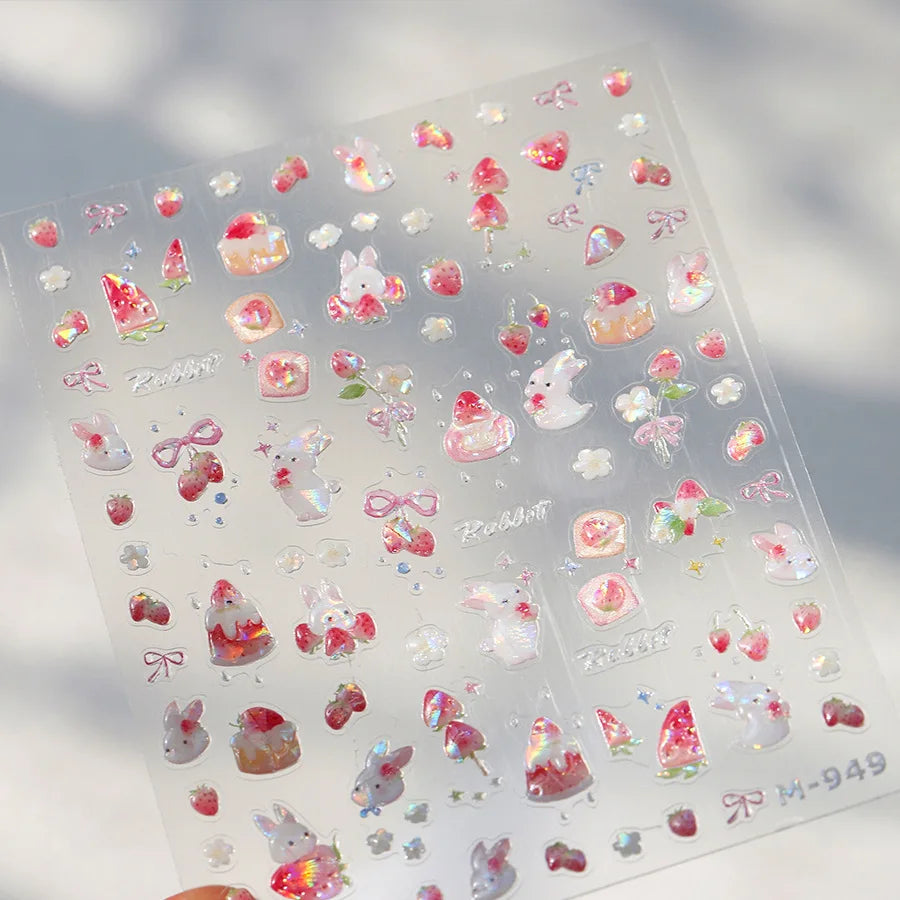 Cute White Rabbit Bunny Strawberry Flower Pudding Star Bowknot Fruit Delicate Adhesive Nail Art Sticker Charming Manicure Decal (Online Order Only)