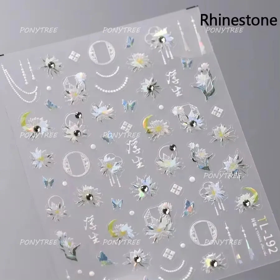 French Chic Blue Line Bowknot Fan Flower Leaves Butterfly Lace Frame Bell Shiny Self Adhesive Nail Art Stickers Manicure Decals (ONLINE ORDER ONLY)