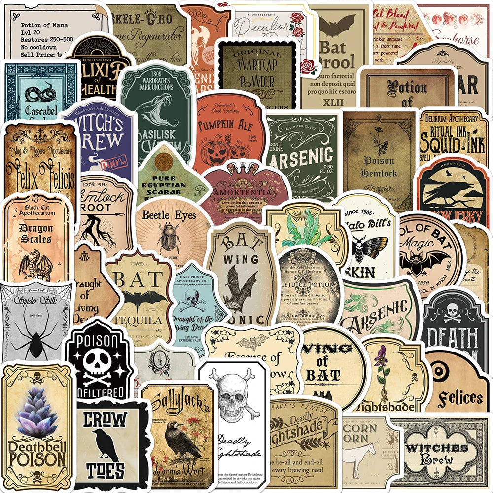 50PCS Halloween Retro Horror Gothic Witch Graffiti Potion Label Sticker Vintage Decals DIY Suitecase Scrapbook Laptop Toys (Online Order Only)