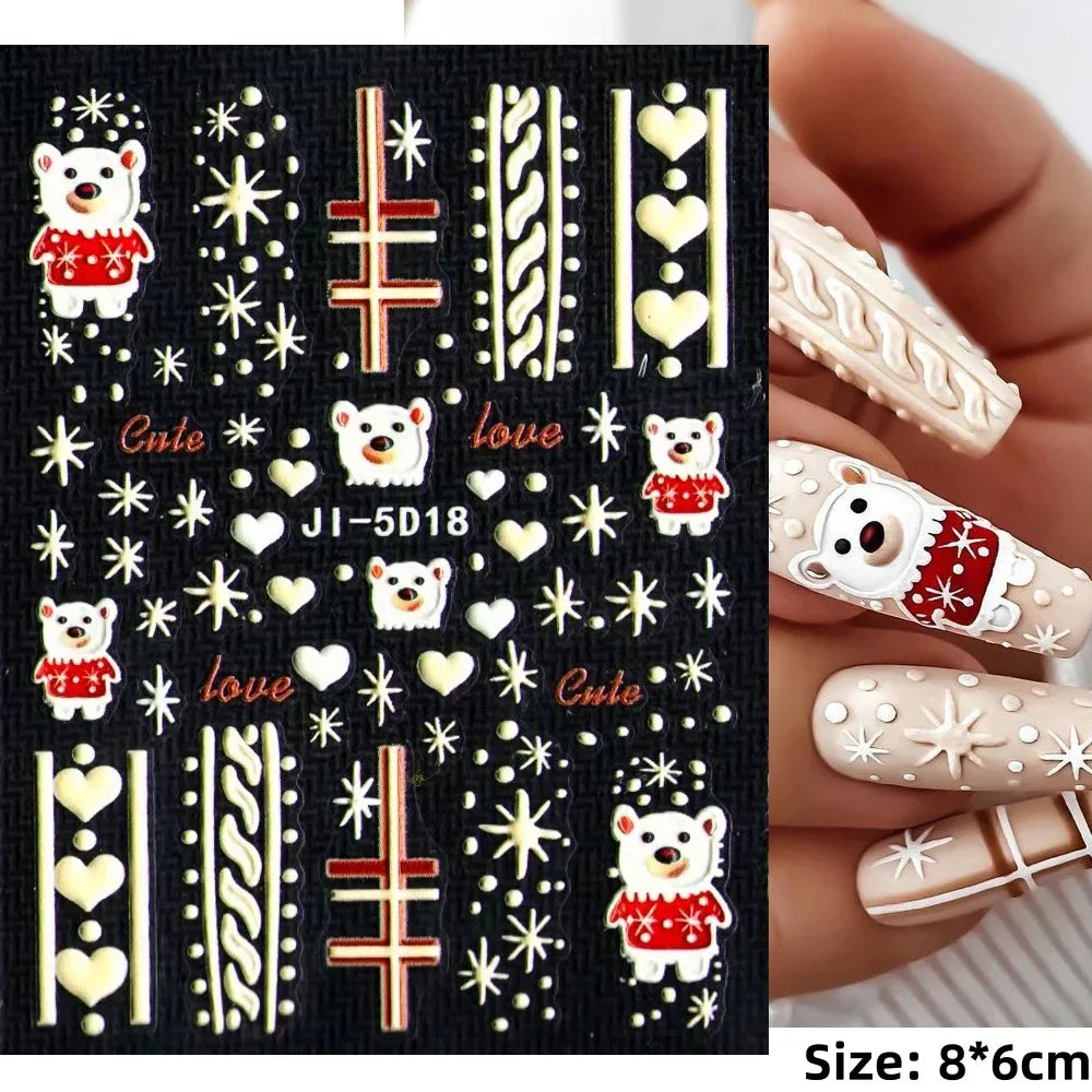 Cute Deer Christmas Nail Stickers 5D Embossed Elk Star Gingerbread Man Snowflake Santa Claus Holly DIY Winter Engraved Manicure* (ONLINE ORDER ONLY)