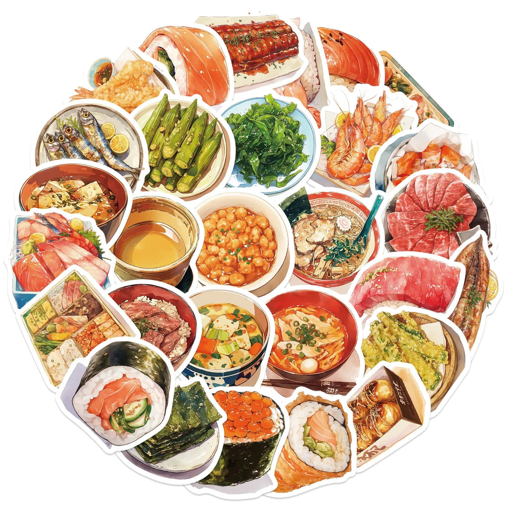 30Pcs Japanese Gourmet Food Stickers for Laptop Scrapbook Waterproof Cartoon Graffiti Decals Cute Sticker Toys Decor (ONLINE ORDER ONLY)