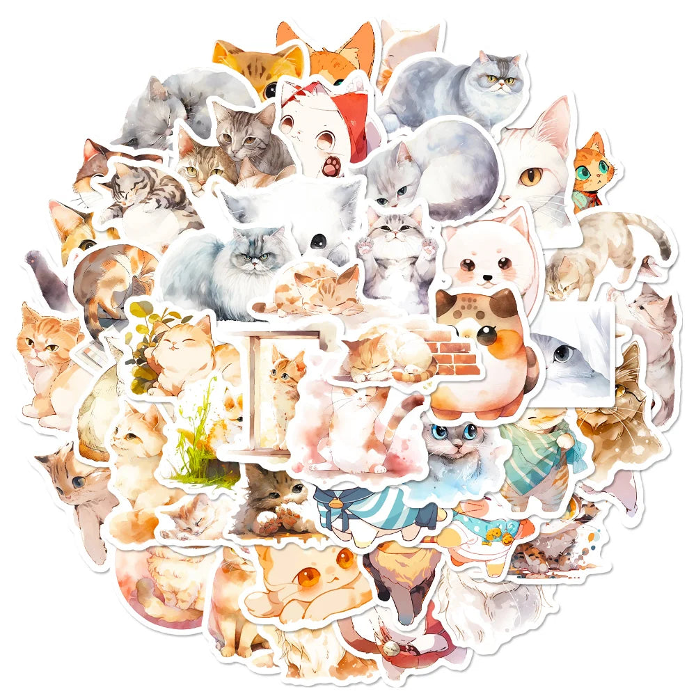 50Pcs Kawaii Painting Watercolor Cat Stickers Pack for Kids Cartoon Cute Graffiti Decals Scrapbooking Luggage Laptop Sticker (ONLINE ORDER ONLY)