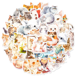 50Pcs Kawaii Painting Watercolor Cat Stickers Pack for Kids Cartoon Cute Graffiti Decals Scrapbooking Luggage Laptop Sticker (ONLINE ORDER ONLY)