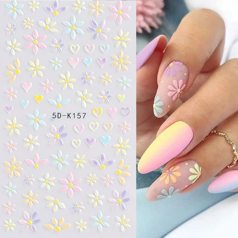 5D Embossed Flower Colorful Nail Stickers Simple DIY Wildflower Sliders Sunflower Daisy Spring Engraved Art Manicure Decals (Online Order Only)
