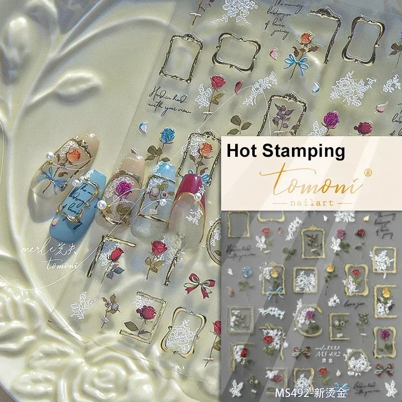 Chic Retro Rose Photo Frame Dried Flower Petal Self Adhesive Nail Art Stickers 5D Hot Stamping Relief Rhinestone Manicure Decals (Online Order Only)